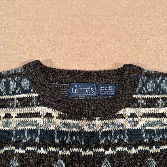 Vintage Fair Isle Knit Sweater Brown Geometric Pattern XL Basic Editions - Picture 6 of 7
